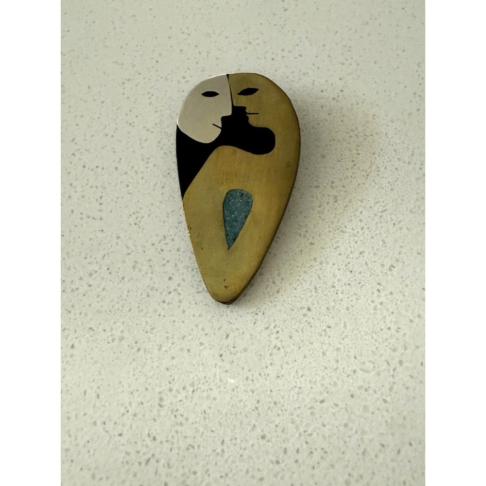 Vintage MCM Mexican Modernist Faces Mixed Metal Inlay Brooch Stella Popowski
